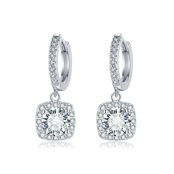 Square Halo Moissanite Drop Earrings | White Gold